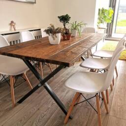 Industrial Cross-Leg Dining Table - Raw Steel & Pine Handmade UK Furniture Rustic Wood & Metal - thumbnail 2