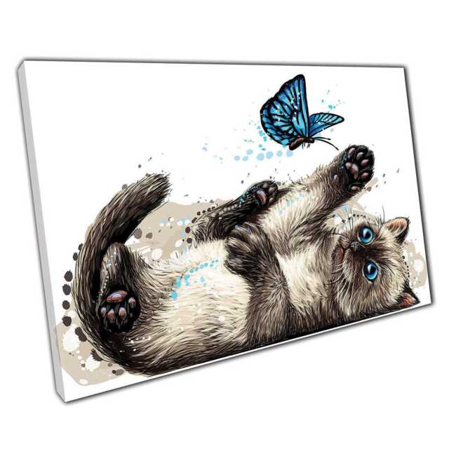 Blue-Eyed Feline Butterfly Chase Watercolor Canvas Wall Art For Home & Office Decor - image 1