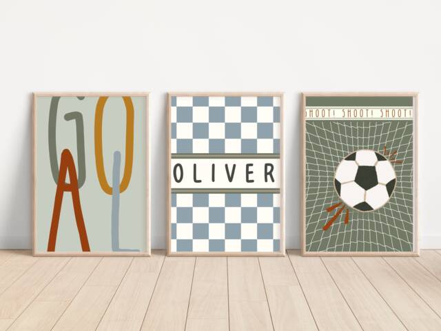 Set Of 3 Football Including A Personalised Name Print For Bedroom Or Playroom - Unframed - image 1