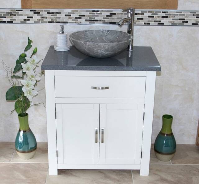 Bathroom Vanity White Painted Wash Stand Grey Quartz Marble Stone Basin 502Pgqsbc - image 1