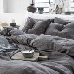 Charcoal Grey Linen Sheet Set - Dark Stonewashed Bedding Breathable Flat Sheet, Fitted Pillowcases Pure Oeko-Tex Certified - thumbnail 2