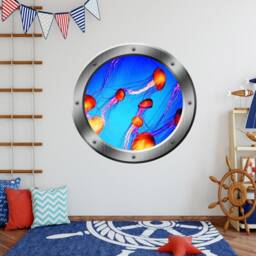 Jellyfish Wall Decal 3D Window Porthole Underwater Ocean View Mural - Vwaq Po19 - thumbnail 1