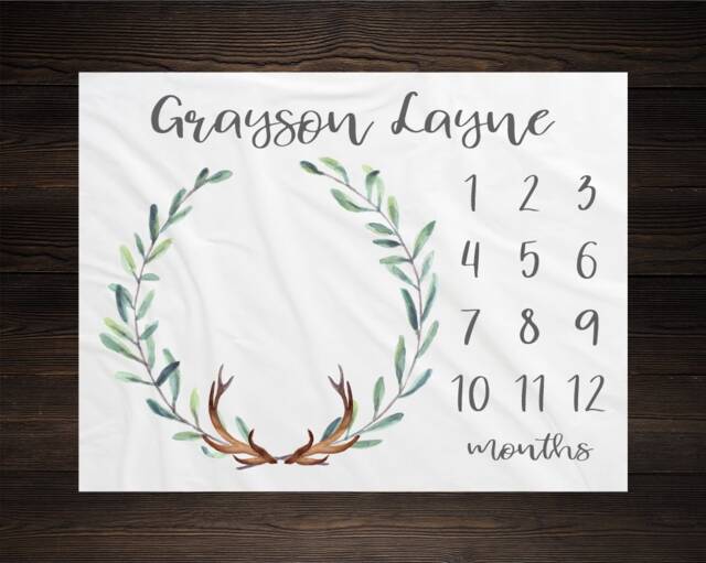 Woodland Milestone Blanket Monthly Growth Tracker Soft Fleece Antler Baby Shower Gift Newborn Watch Me Grow Boy - image 1