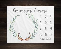 Woodland Milestone Blanket Monthly Growth Tracker Soft Fleece Antler Baby Shower Gift Newborn Watch Me Grow Boy - thumbnail 1