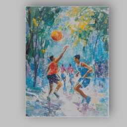 Impressionist Basketball Game Outdoor Court Sporting Art Canvas Wall Print Decor Picture Ready To Hang - thumbnail 1