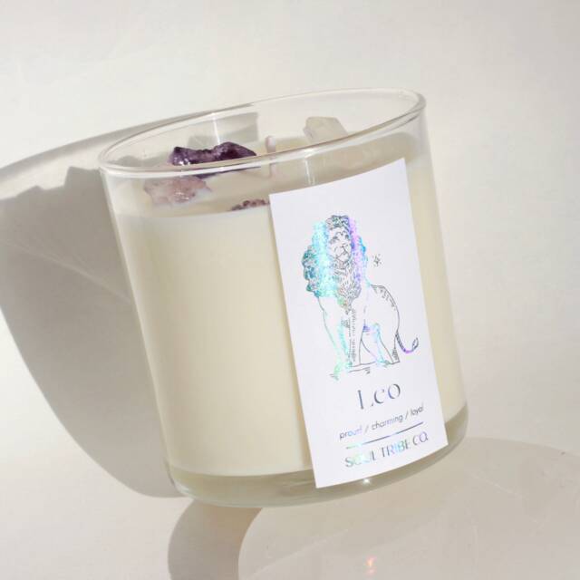 Leo Zodiac Candle Iridescent Label, Crystals, Egyptian Amber Scent - image 1