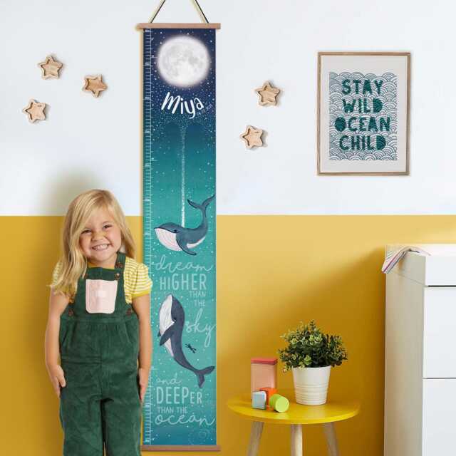 Personalised Whales Dream Deeper Than The Ocean Canvas Height Growth Chart, Kid's Wall Hanging, Sea Life Nursery Decor in Feet, cm's - image 1
