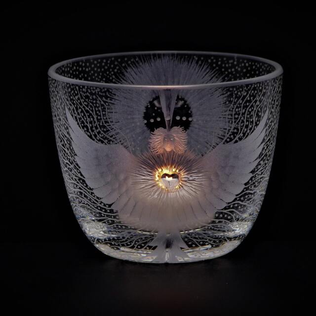 Lantern Candle Holder Angel & Sun Deep Cut Engraving Mouth Blown Hand Engraved - image 1