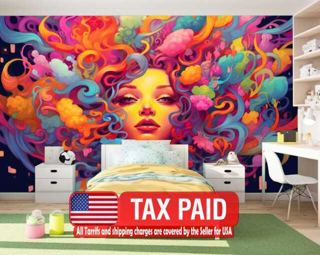 Psychedelic Female Face Wall Mural, Colorful Ai-Generated Art, Peel & Stick Wallpaper - image 1