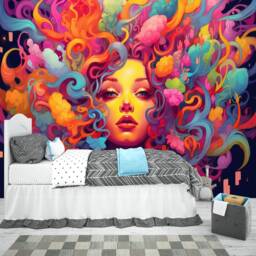 Psychedelic Female Face Wall Mural, Colorful Ai-Generated Art, Peel & Stick Wallpaper - thumbnail 2