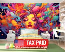 Psychedelic Female Face Wall Mural, Colorful Ai-Generated Art, Peel & Stick Wallpaper - thumbnail 1