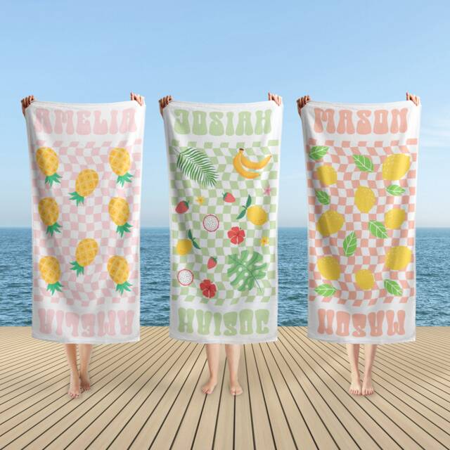 Fruits Style Personalized Beach Towel, Name Bath Custom Towel With Name, Outside Birthday Vacation Gift Pool Parties Towels - image 1