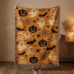 Spooky Halloween Throw Blanket, Ghost Pumpkin Woven Home Decor, Fall Cozy Trick Or Treat Gift - thumbnail 1