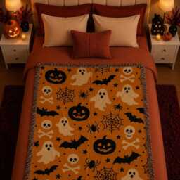 Spooky Halloween Throw Blanket, Ghost Pumpkin Woven Home Decor, Fall Cozy Trick Or Treat Gift - thumbnail 2
