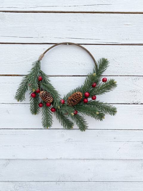 Small Christmas Hoop Wreath Pine, Red Holly Berries, Kitchen Decor - image 1
