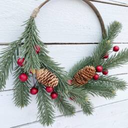 Small Christmas Hoop Wreath Pine, Red Holly Berries, Kitchen Decor - thumbnail 3
