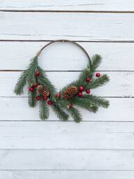 Small Christmas Hoop Wreath Pine, Red Holly Berries, Kitchen Decor - thumbnail 1