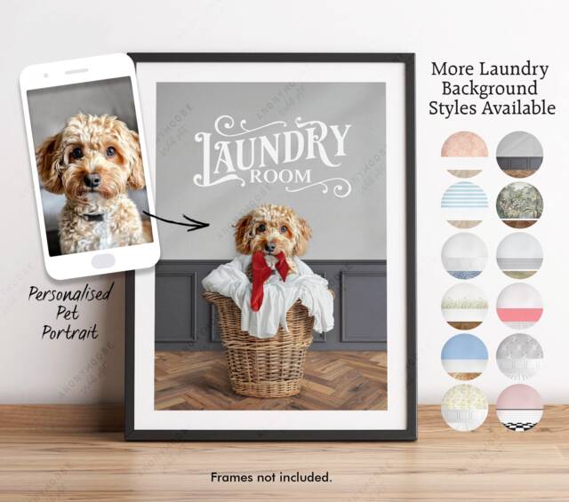 Custom Pet in Laundry Basket Print, Personalised Dog, Dog From Photo Art Gift, Unique Cat Room Bathroom - image 1