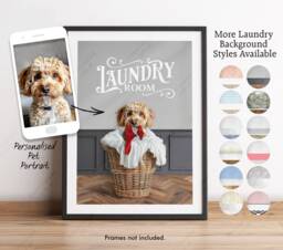 Custom Pet in Laundry Basket Print, Personalised Dog, Dog From Photo Art Gift, Unique Cat Room Bathroom - thumbnail 1