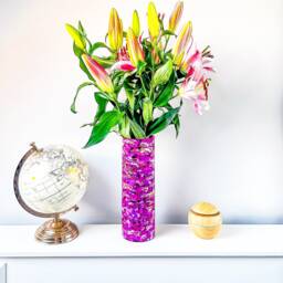 Hand-Painted Bright Pink Glass Vase Tall Floral Vase, Unique Home Decor - thumbnail 2