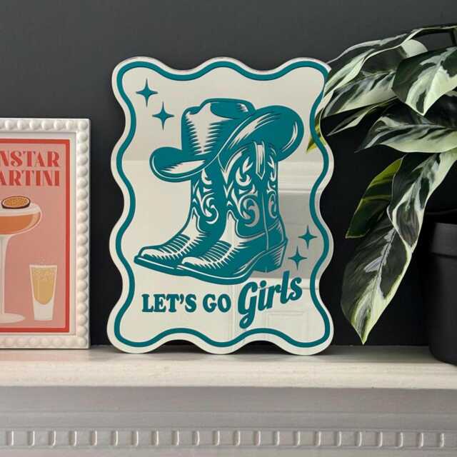 Let's Go Girls Mirror, Printed Mirrors, Vinyl Decal Cowgirl Western Dopamine Decor, Cowboy Boots Wavy Edge Mirror - image 1