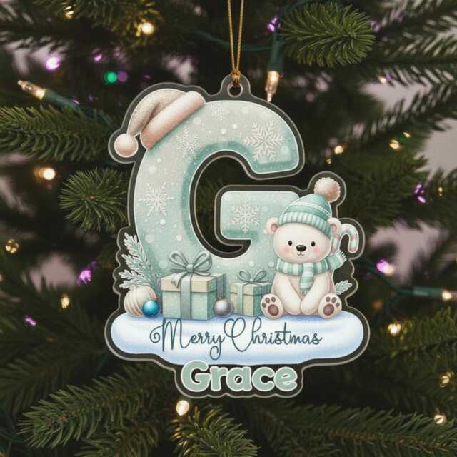 Personalised Christmas Ornament - Custom Name & Initial Acrylic Decoration With Polar Bear, Cute Kids Gift Keepsake For Boys & Girls 2025 - image 1