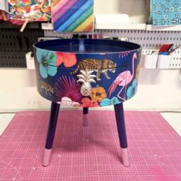 Navy Blue & Silver Tropical Side Table . Flamingo Leopard Print Nightstand , Leaf Bedside Flamingo Cheetah Design