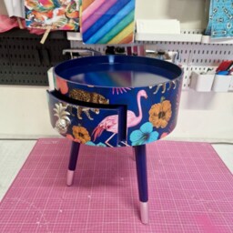 Navy Blue & Silver Tropical Side Table . Flamingo Leopard Print Nightstand , Leaf Bedside Flamingo Cheetah Design - thumbnail 2