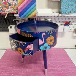 Navy Blue & Silver Tropical Side Table . Flamingo Leopard Print Nightstand , Leaf Bedside Flamingo Cheetah Design - thumbnail 4