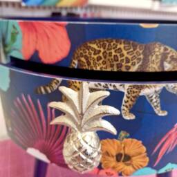 Navy Blue & Silver Tropical Side Table . Flamingo Leopard Print Nightstand , Leaf Bedside Flamingo Cheetah Design - thumbnail 3