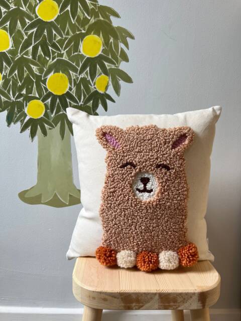 Cute Farm Animal Punch Needle Throw Pillow, Llama Cushion Cover in Beige & Orange, Baby Shower Gift, Embroidered Kids Room Decor