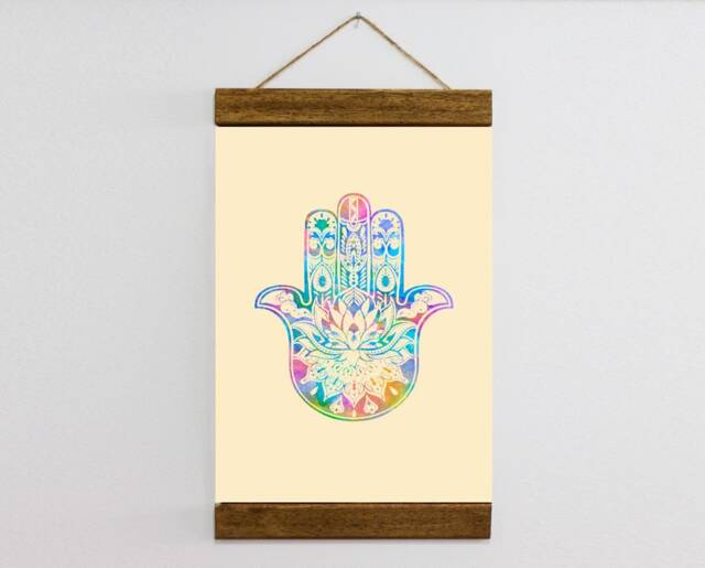 Hamsa Hand Charm Kabbalah Talisman Wood Framed Canvas Print, Judaism Talmud Torah Book Of Zohar Evil Eye Protection Ready To Hang - image 1
