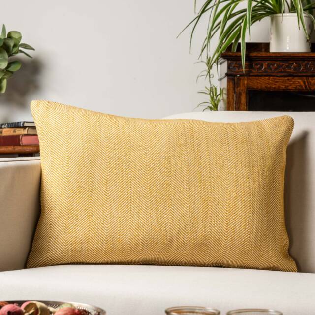 Faux Wool Linen Blend Herringbone Xl Rectangular Cushion in Ochre Yellow. Traditional Linen-Mix Effect Fabric. 23X15 - image 1