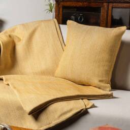Faux Wool Linen Blend Herringbone Xl Rectangular Cushion in Ochre Yellow. Traditional Linen-Mix Effect Fabric. 23X15 - thumbnail 4