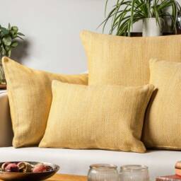 Faux Wool Linen Blend Herringbone Xl Rectangular Cushion in Ochre Yellow. Traditional Linen-Mix Effect Fabric. 23X15 - thumbnail 3