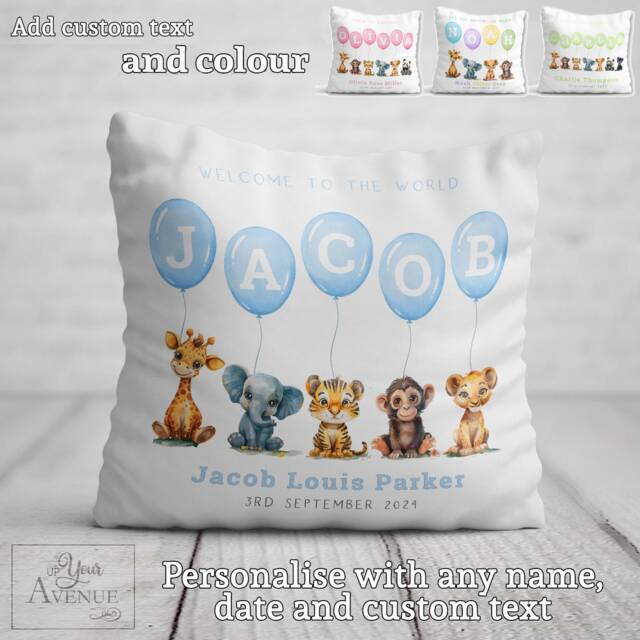 Animal Safari Cushion Baby Nursery Decor Boy Girl Newborn Stats Gift Personalised Name Balloons Pillow New Birth Details Christening - image 1