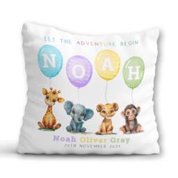 Animal Safari Cushion Baby Nursery Decor Boy Girl Newborn Stats Gift Personalised Name Balloons Pillow New Birth Details Christening - thumbnail 2