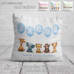 Animal Safari Cushion Baby Nursery Decor Boy Girl Newborn Stats Gift Personalised Name Balloons Pillow New Birth Details Christening - thumbnail 1