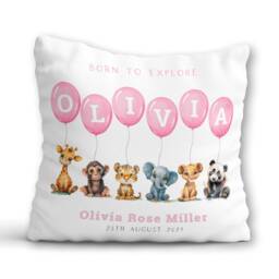 Animal Safari Cushion Baby Nursery Decor Boy Girl Newborn Stats Gift Personalised Name Balloons Pillow New Birth Details Christening - thumbnail 3