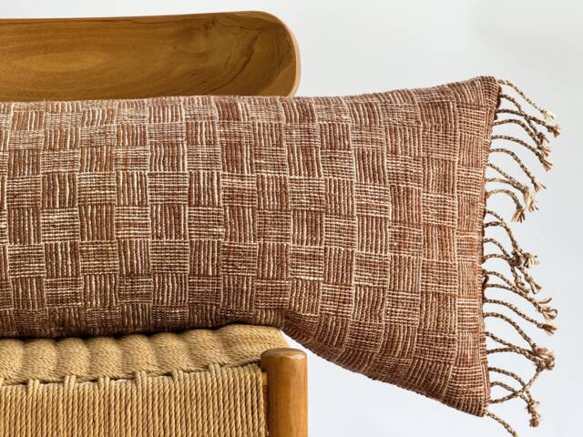 Handwoven Hemp Lumbar Pillow Cover Dark Brown Fringed Boho Decor - image 1
