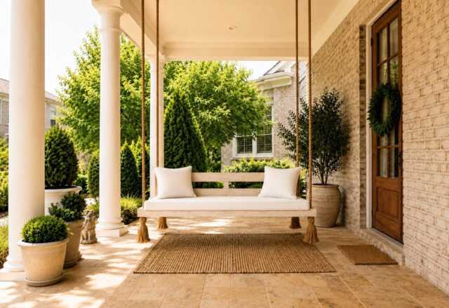 Outdoor Porch Swing Bed - White Wooden Hanging Daybed Patio Garden Rope Bench With Cushions - image 1