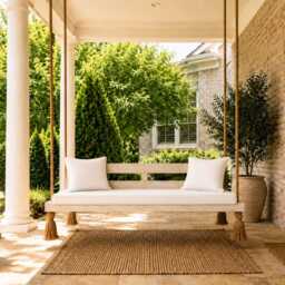 Outdoor Porch Swing Bed - White Wooden Hanging Daybed Patio Garden Rope Bench With Cushions - thumbnail 2