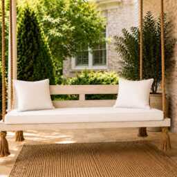 Outdoor Porch Swing Bed - White Wooden Hanging Daybed Patio Garden Rope Bench With Cushions - thumbnail 3
