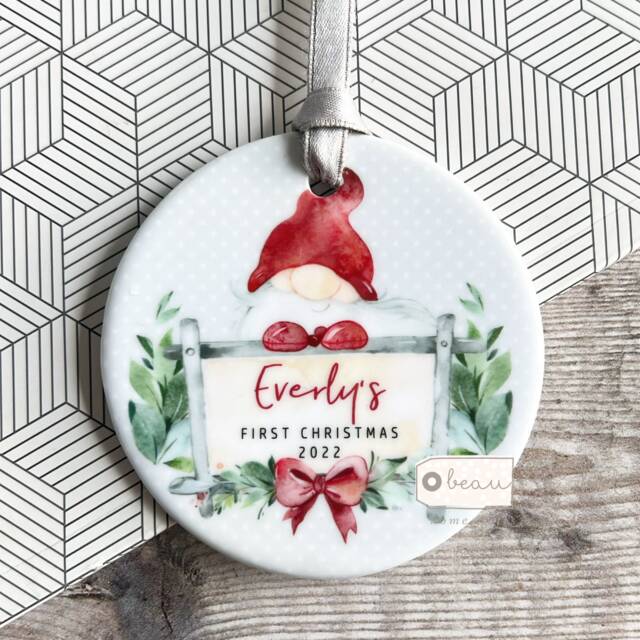 Personalised 1st Christmas Baby Babies Baby's First Santa Gnome Signpost Ceramic Or Acrylic Round Ornament Keepsake Boy Child Gift