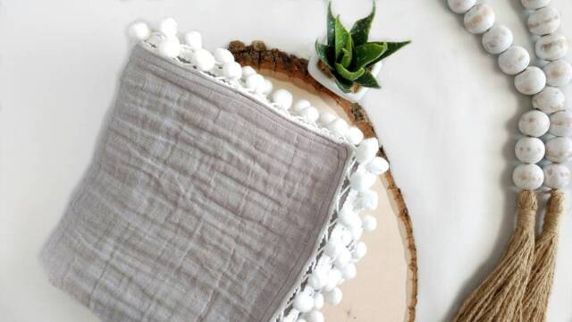 Gray Baby Blanket Pom Pom Swaddle Baby Boy Muslin Shower Gifts For A Girl Newborn Photo Large - image 1