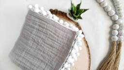 Gray Baby Blanket Pom Pom Swaddle Baby Boy Muslin Shower Gifts For A Girl Newborn Photo Large - thumbnail 1