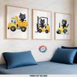 Black Cat Construction Posters - Set Of 3 Kids Prints - Digger Wall Art Truck Poster Bedroom Vehicle Nursery Transport Decor - thumbnail 1