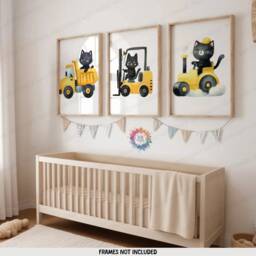Black Cat Construction Posters - Set Of 3 Kids Prints - Digger Wall Art Truck Poster Bedroom Vehicle Nursery Transport Decor - thumbnail 2