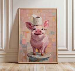 Funny Pig Poster, Quirky Farm Animal Wall Art, Cute Pink With Toilet Paper Painting, Humorous Bathroom Decor Farmhouse Style - thumbnail 1