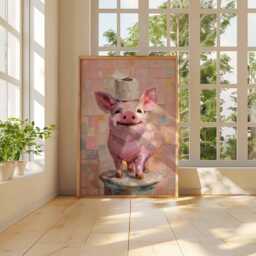 Funny Pig Poster, Quirky Farm Animal Wall Art, Cute Pink With Toilet Paper Painting, Humorous Bathroom Decor Farmhouse Style - thumbnail 3